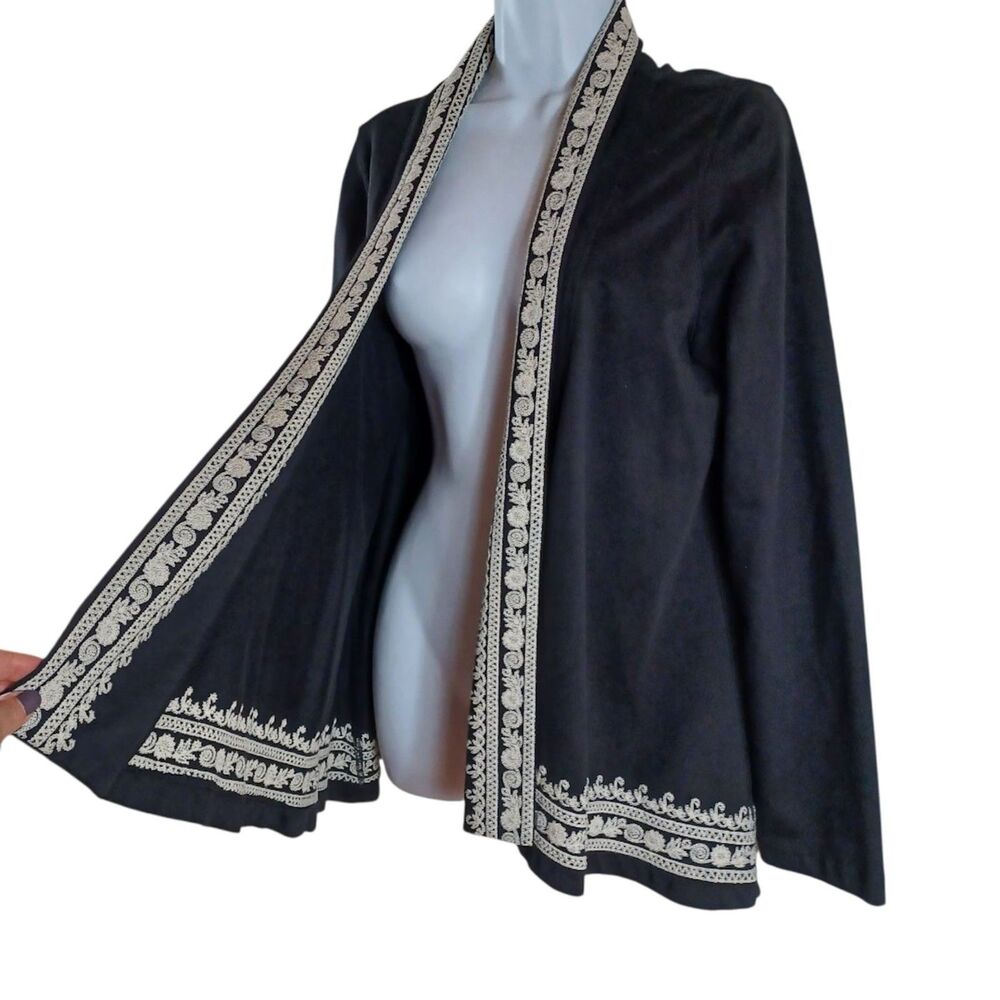 Lucky Brand M Black Embroidered Boho Cardigan Jacket Open Knit India Cotton - Picture 3 of 10